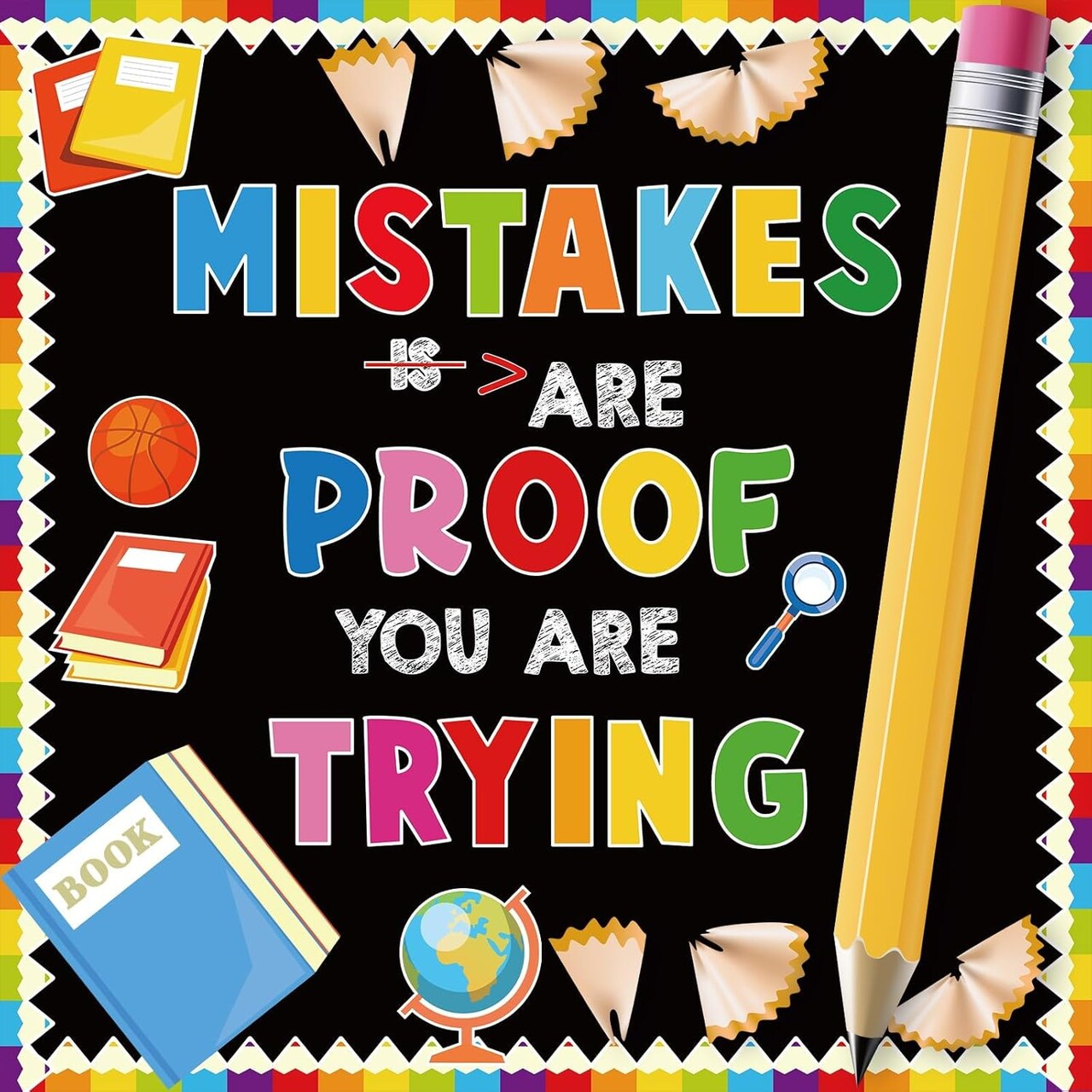 Back to School Bulletin Board Decorations Set – Pencil & Book Cutouts “Mistakes Are Proof You Are Trying” Motivational Classroom Decor with Borders & Adhesive Dots for Chalkboard, Door & Wall Display